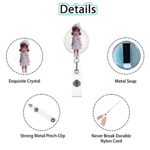 Detail view of retractable ID badge holder with acrylic nurse character and sturdy nylon cord