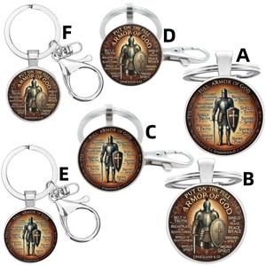 Armor Of God Knight Metal Keychain Glass Cabochon Bible Verse Ephesians 6 10-17 Religious Medieval Pendant Key Ring Bag Charm Gift