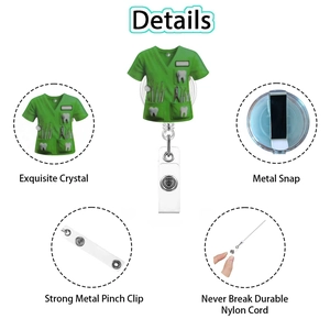 Detail of teal dental scrub badge reel with retractable nylon cord and metal clip