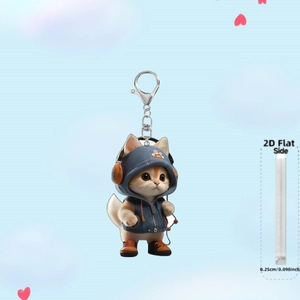 Détail du porte-clés chat en acrylique 2D montrant l'épaisseur de 0,25 cm et le fermoir