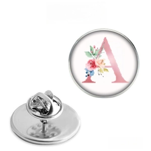 Detailed front and back view of 25mm stainless steel alphabet A floral brooch pin