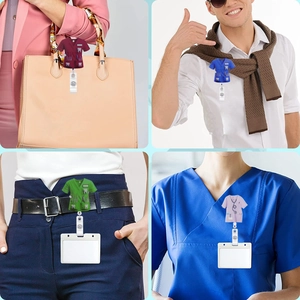 Nurse scrub suit retractable badge reels showing four different wearing scenarios on clothes