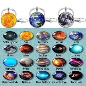 Solar System Galaxy Planet Glass Keychain Astronomy Nebula Pattern Alloy Metal Key Ring Astronomical Gift For Space Lovers