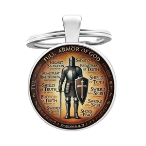 Silver St. Benedict Full Armor of God medal keychain with medieval knight design