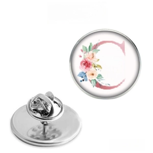 Floral alphabet C stainless steel brooch pin with butterfly clasp for women