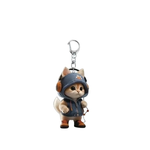 Porte-clés chat 3D mignon avec sweat à capuche bleu et écouteurs pour décoration sac