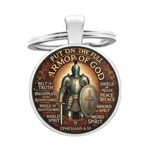 Saint Benedict medal keychain featuring full armor of God knight design on silver metal