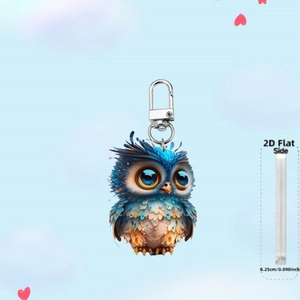Detail view of 2D flat owl car pendant showing 0.25cm thickness and metal ring