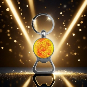 Solar system sun bottle opener keychain with glass dome and luxury gold background