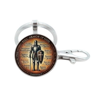 Saint Benedict medal keychain with Full Armor of God pendant and lobster clasp