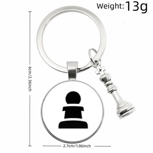 Silver chess pawn keychain with glass dome pendant and 3D chess piece charm 13g