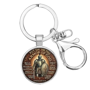 Detail showing Armor of God knight medal with Ephesians 6:10 text and lobster clasp