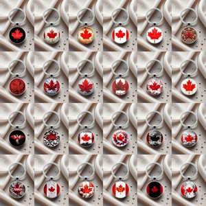 Série de 24 porte-clés dôme en verre drapeau du Canada et feuille d'érable rouge