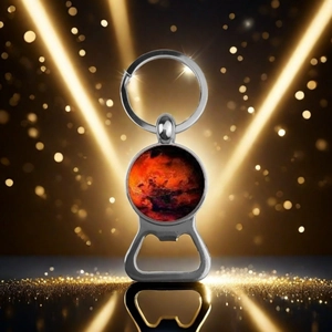 Polished silver bottle opener keychain featuring a detailed red Mars planetary design
