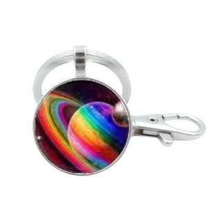 Silver solar system keychain with colorful Saturn crystal glass ball pendant design