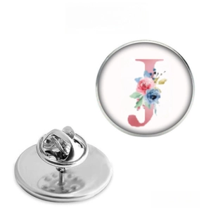 Detailed front and back view of silver stainless steel lapel pin with letter J floral design