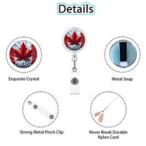 Detailed view of retractable badge reel with Canada flag and durable nylon cord