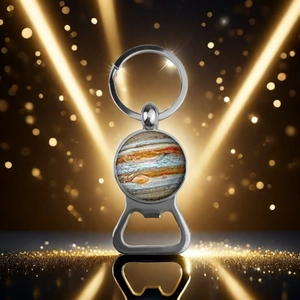 Detail of silver Jupiter keychain bottle opener with a round glass solar system charm