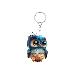 Cute 2D cartoon owl keychain for car rearview mirror with blue eyes and silver ring
