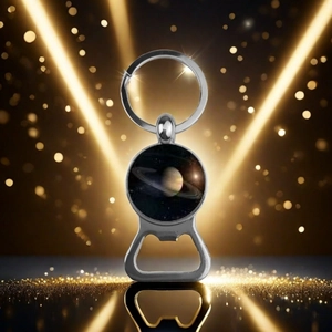 Detail of Saturn glass cabochon keychain and silver metal bottle opener on reflective base