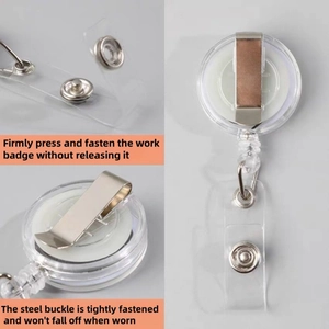 Detail showing the durable steel back clip and transparent PVC strap on retractable badge reel