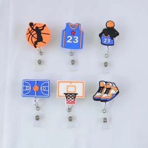 Retractable sports badge reels featuring basketball and sneaker designs for work ID cards