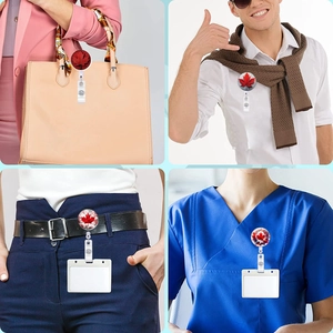 Detail views of Canada maple leaf badge reel holder clipped on various clothing and bags