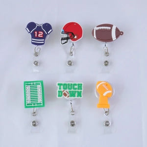 Retractable American football badge reels set including jersey helmet and ball designs