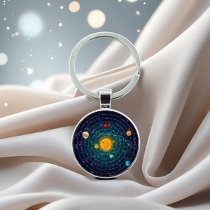 Detailed close-up of solar system planet keychain on elegant gray satin fabric