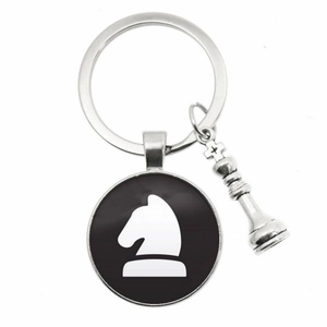 Detail view of chess knight keychain with alloy pendant and 3D chess piece charm