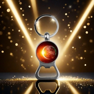 Close-up of solar system keychain opener with universe pattern and metallic finish