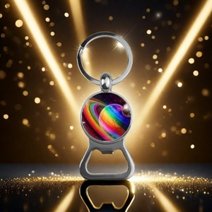 Detailed close-up of Saturn planet bottle opener keychain with glossy glass dome art