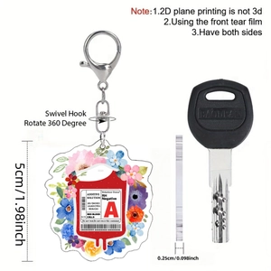 2D blood bag shape keychain with floral design for nurses, 5cm acrylic pendant charm
