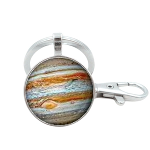 Detailed macro view of Jupiter glass ball keychain with silver lobster clasp and ring