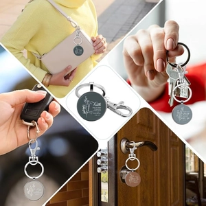 Macro detail of metal keychain with glass cabochon featuring inspirational quotes