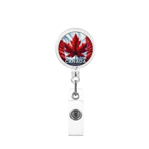 Detail of retractable badge holder featuring a Canada flag maple leaf design with PVC strap