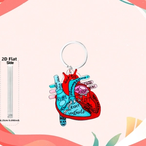 Detail showing 0.25cm thickness of acrylic heart keychain with anatomical 2D print