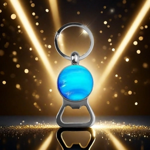 Close-up of solar system bottle opener keychain with blue planet glass crystal detail