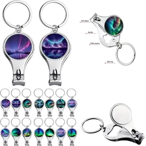Detailed view of 4-in-1 metal nail clipper keychain with northern lights glass design