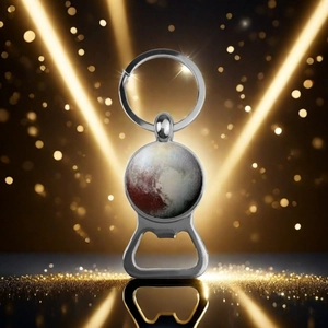 Detail of silver solar system bottle opener keychain with crystal glass planet texture