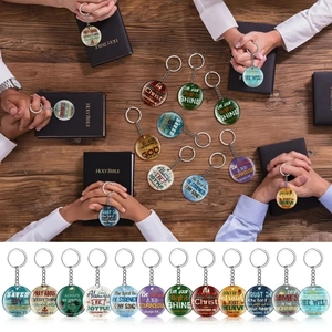 Ronde acryl sleutelhanger met inspirerende bijbelverzen en gebedscitaten, stijlvol accessoire.
