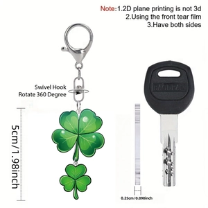Green acrylic four leaf clover keychain with metal lobster clasp and size dimensions