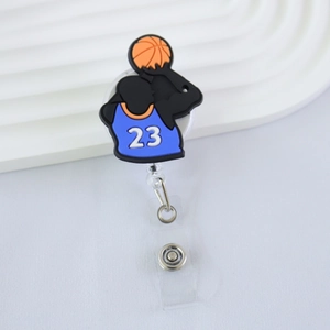 Detail showing retractable basketball badge holder with silhouette athlete and blue jersey