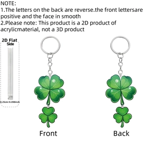 Detail view of 0.25cm thick 2D flat green acrylic clover keychain with metal ring