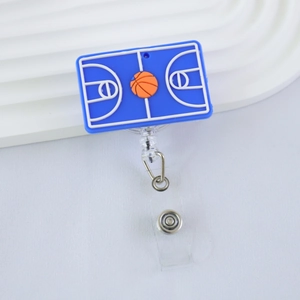 Detail of blue retractable basketball badge reel with realistic court design and metal hook