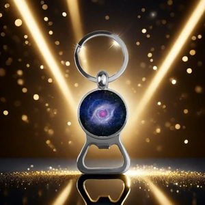 Detail view of solar system galaxy bottle opener keychain with starry nebula glass insert