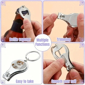 Multi-tool keychain with nail clipper, bottle opener and file in various use cases