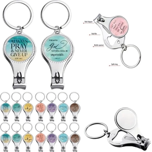 Functional diagram of 4-in-1 nail clipper keychain with opener and inspirational quote