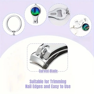 Detail of multi-functional stainless steel nail clipper with aurora art and bottle opener