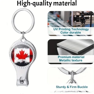 Macro detail of Canada flag nail clipper keychain showing UV printed maple leaf and steel ring